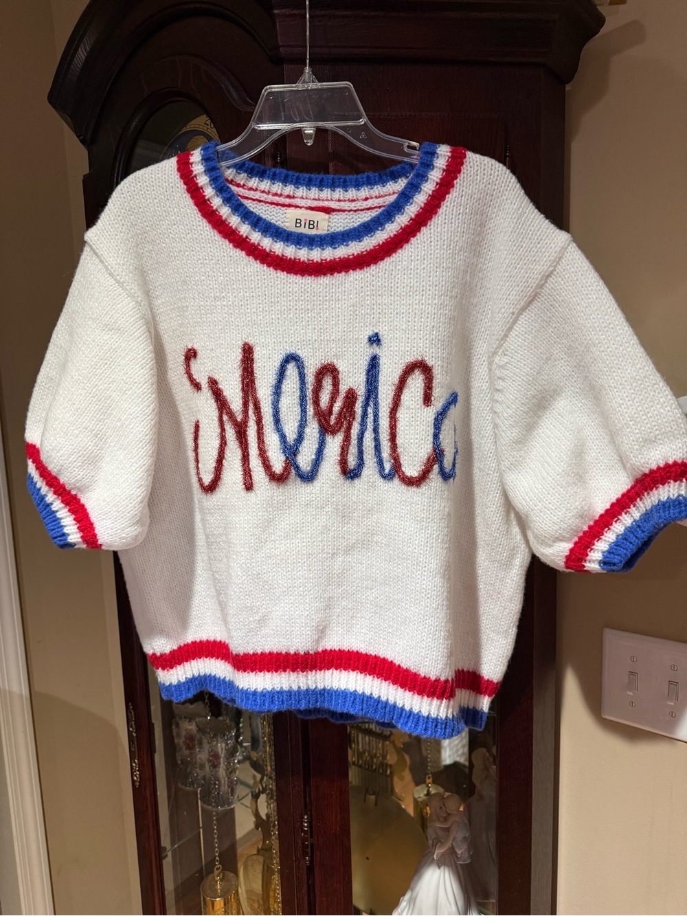 BIBI Women's White "America" Knit Sweater Short Sleeve Red Blue Trim Size XL - Picture 2 of 10